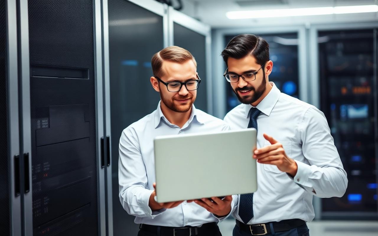 Two IT professionals collaborating in a data center